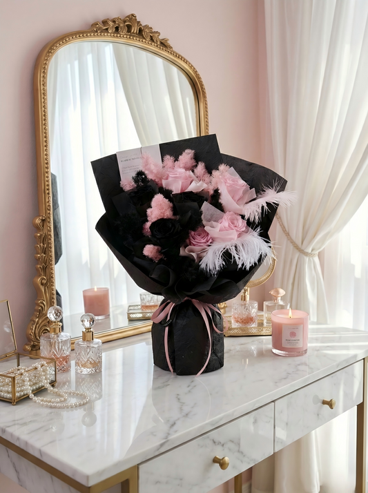 Enchanted Midnight Bloom: Pink & Black Everlasting Rose Arrangement with Feathers