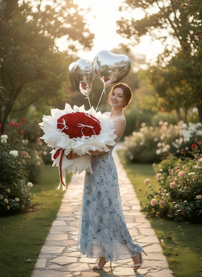 Red Preserved Rose Bouquet with Silver Heart Balloons - Romantic Anniversary & Valentine's Day Gift