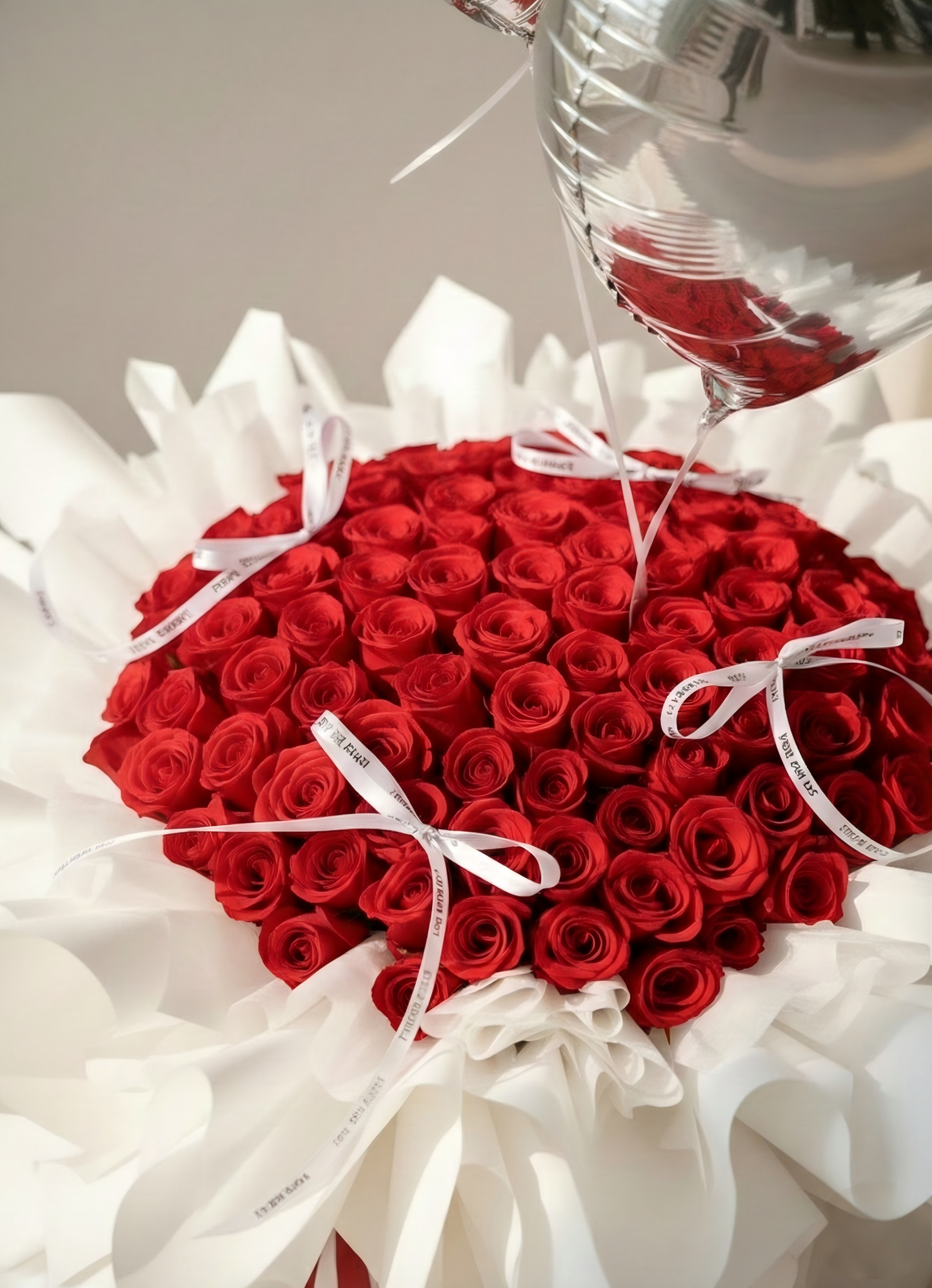 Red Preserved Rose Bouquet with Silver Heart Balloons - Romantic Anniversary & Valentine's Day Gift
