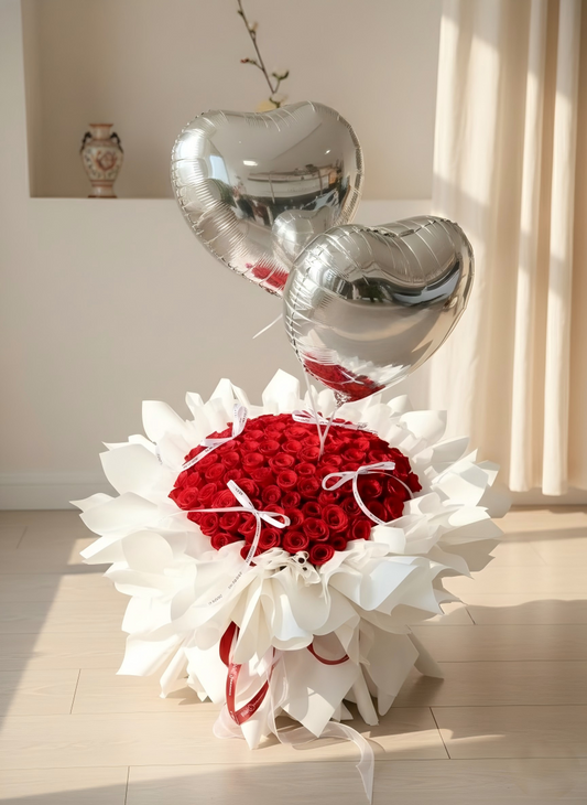 Red Preserved Rose Bouquet with Silver Heart Balloons - Romantic Anniversary & Valentine's Day Gift