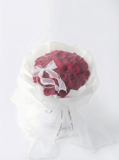 Classic Red Rose Bouquet Wrapped in Delicate White Mesh