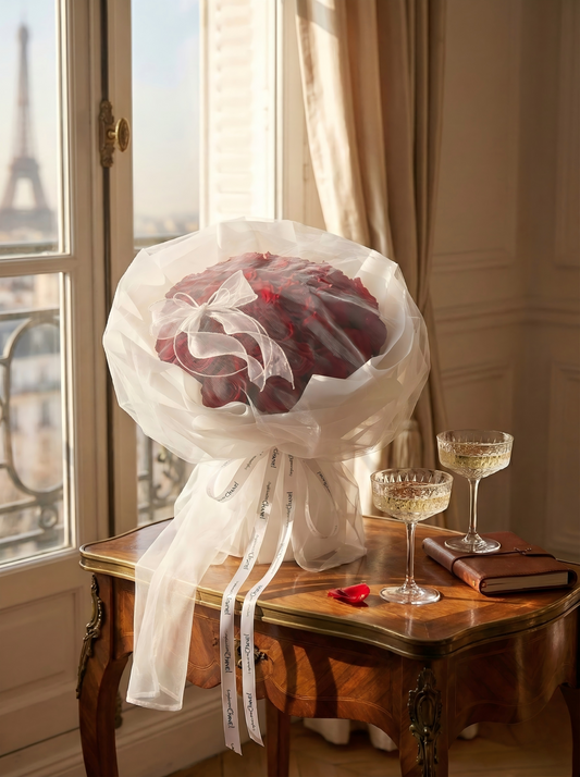 Classic Red Rose Bouquet Wrapped in Delicate White Mesh
