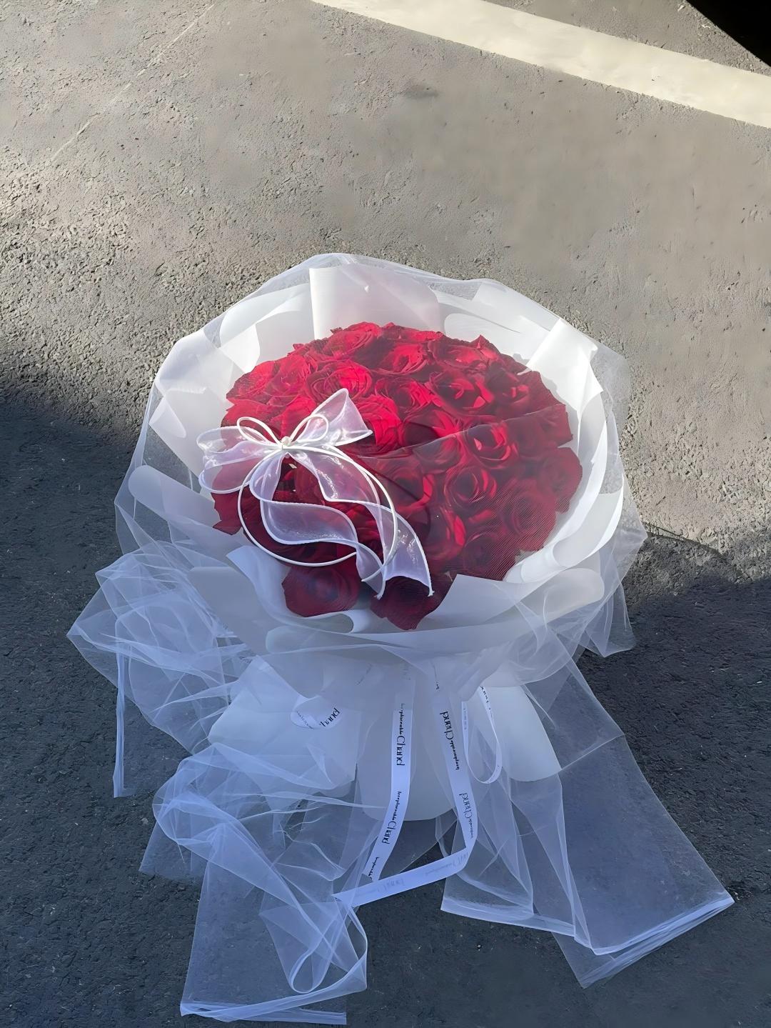 Classic Red Rose Bouquet Wrapped in Delicate White Mesh