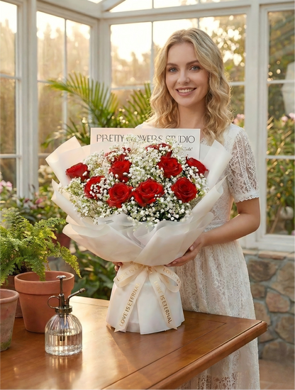 Fresh Red Rose and Baby’s Breath Bouquet – Designed by a Local Florist