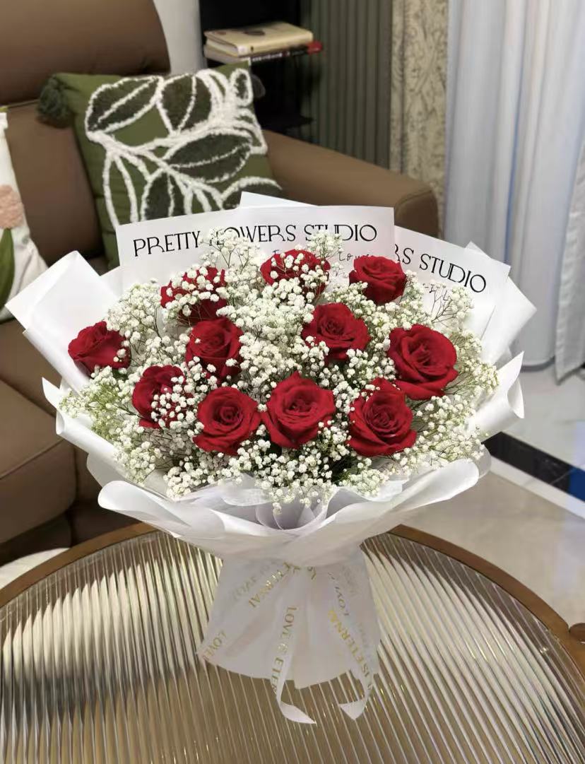 Fresh Red Rose and Baby’s Breath Bouquet – Designed by a Local Florist