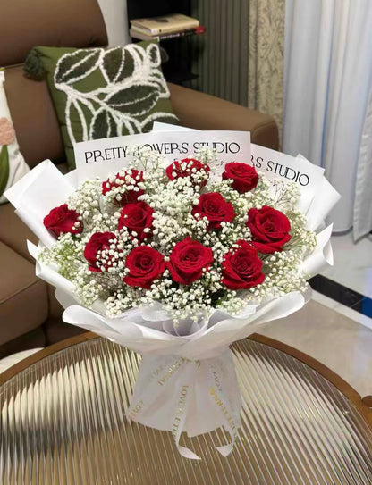 Fresh Red Rose and Baby’s Breath Bouquet – Designed by a Local Florist