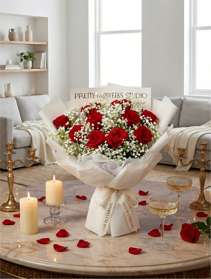 Fresh Red Rose and Baby’s Breath Bouquet – Designed by a Local Florist