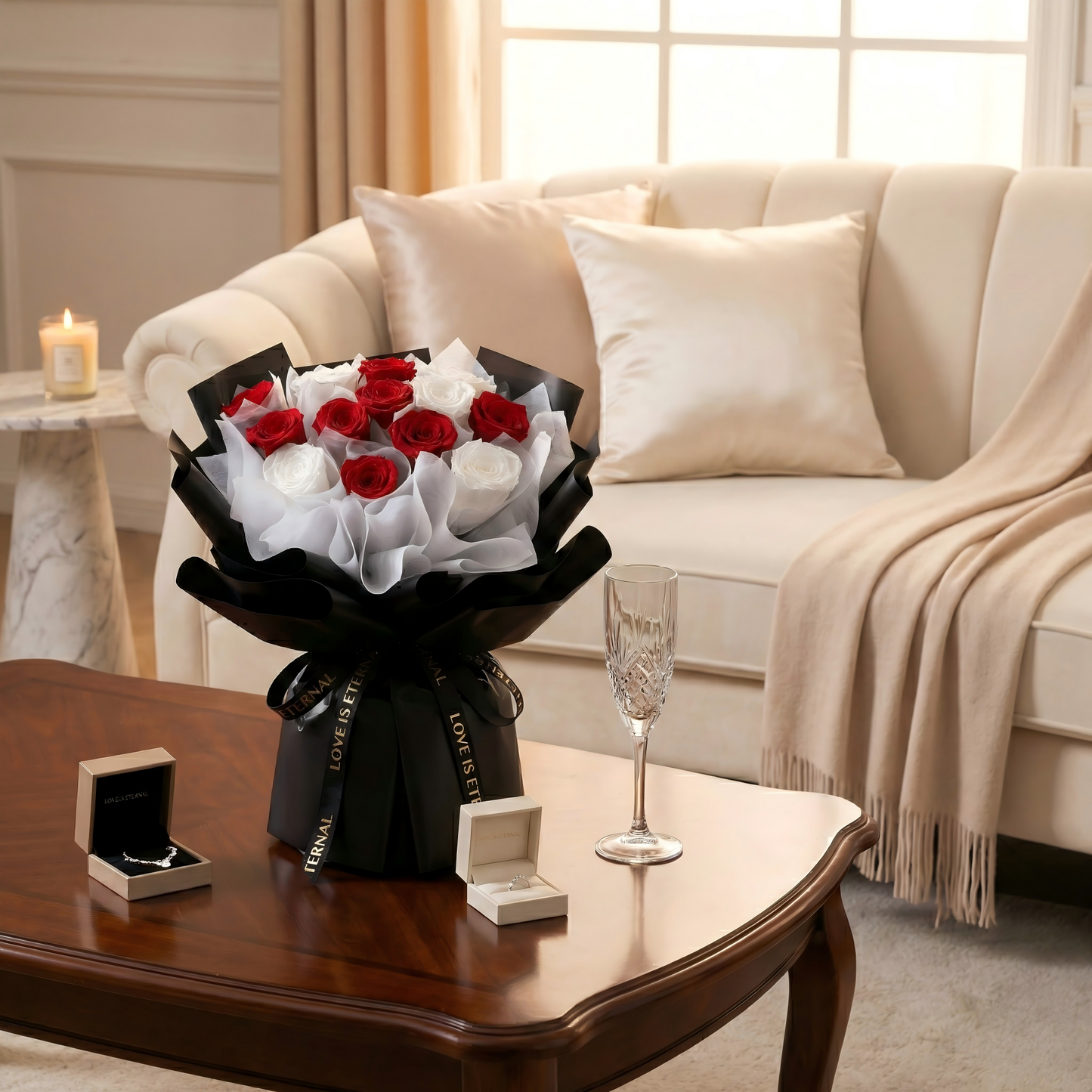 Eternal Red & White Preserved Rose Bouquet - Handcrafted Long-Lasting Gift