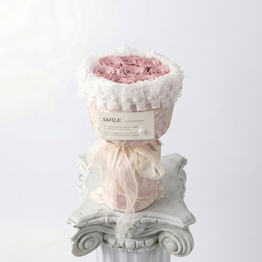 Vintage Pink Preserved Rose Bouquet | Elegant French Lace & Pearl Detailing