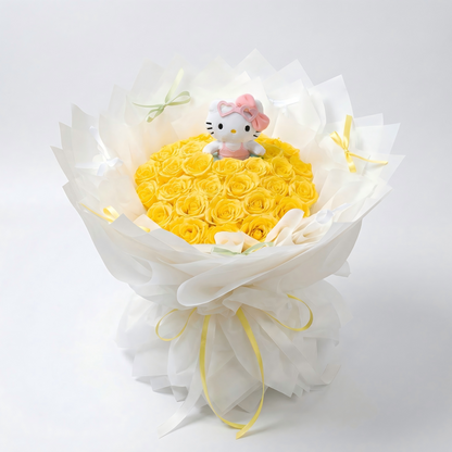 Yellow Preserved Flower Bouquet with Hello Kitty Plush for Anniversary & Home Decor