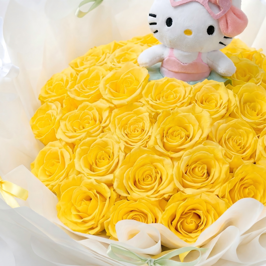 Yellow Preserved Flower Bouquet with Hello Kitty Plush for Anniversary & Home Decor