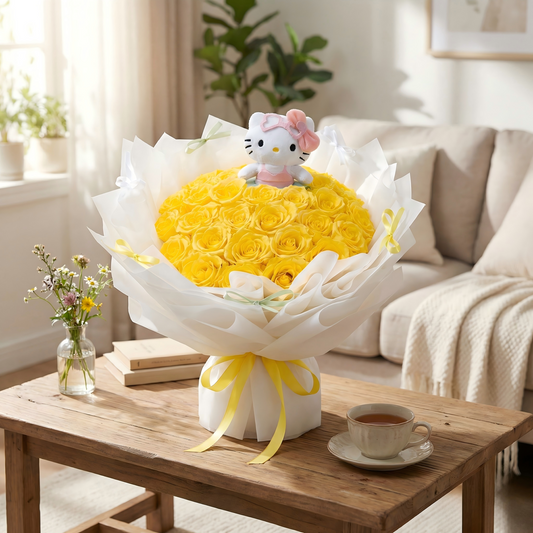 Yellow Preserved Flower Bouquet with Hello Kitty Plush for Anniversary & Home Decor