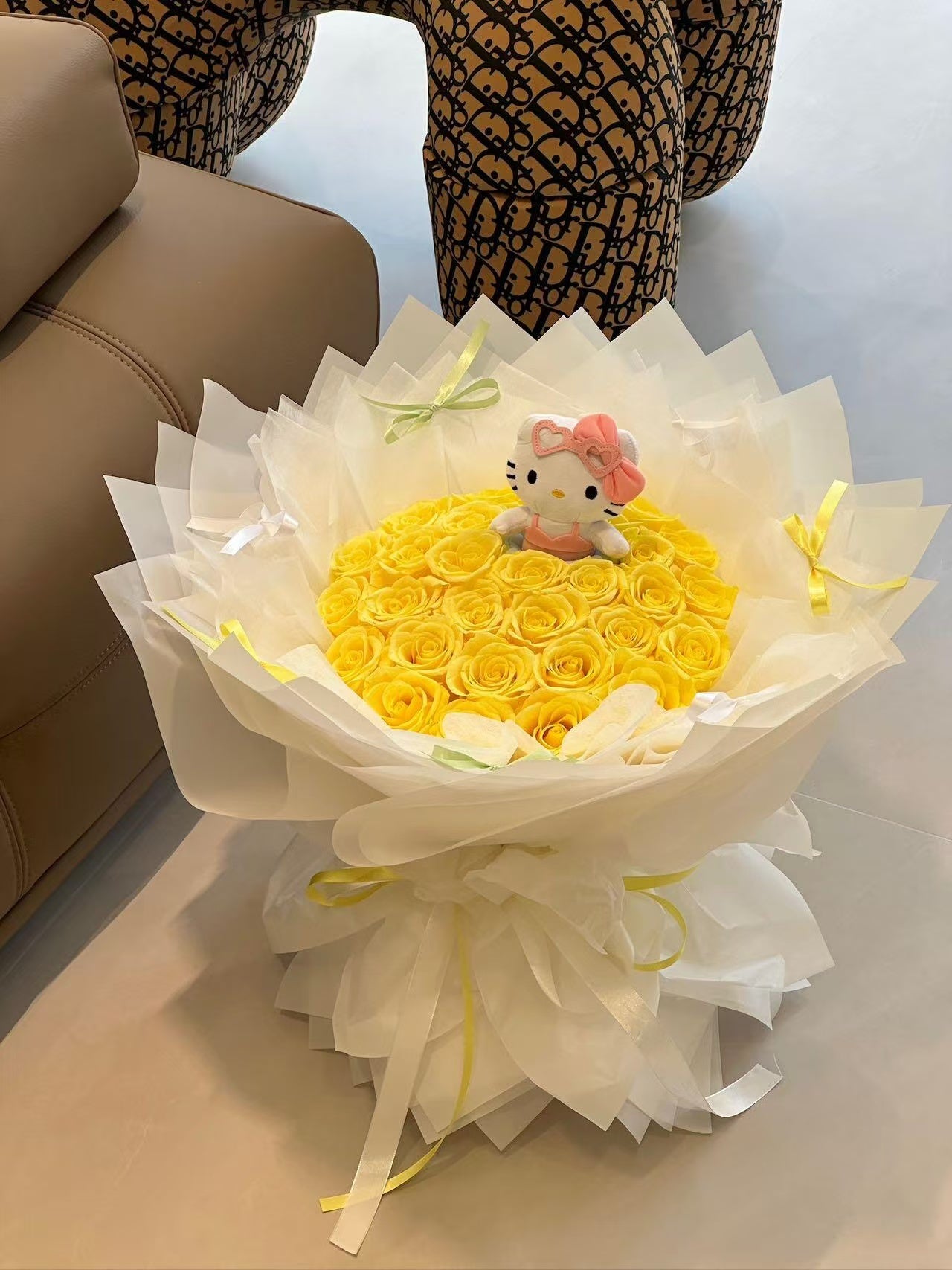 Yellow Preserved Flower Bouquet with Hello Kitty Plush for Anniversary & Home Decor