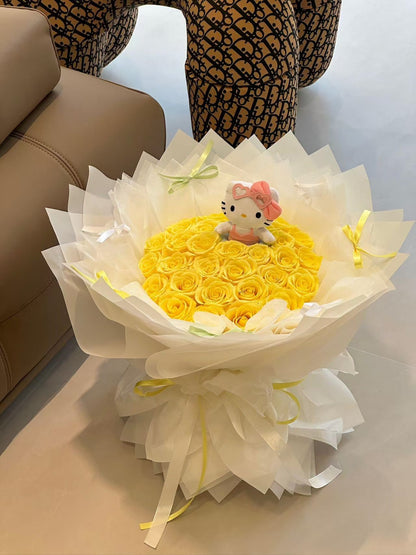 Yellow Preserved Flower Bouquet with Hello Kitty Plush for Anniversary & Home Decor