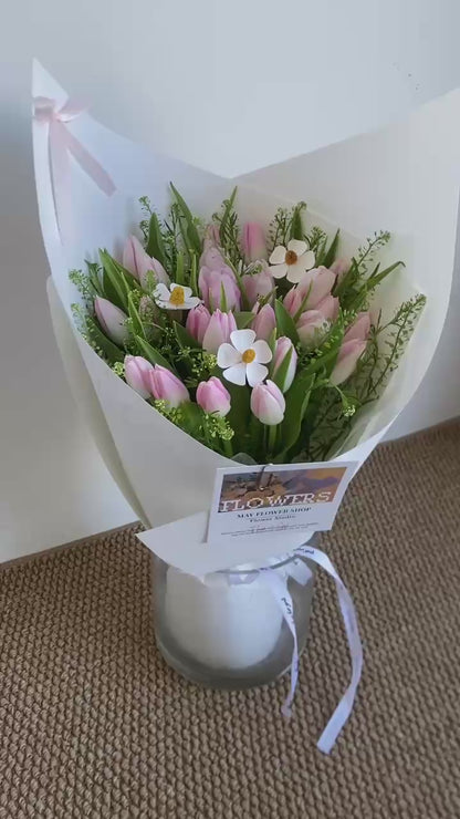 Sweet Pink Tulips Bouquet with White Daisies | Fresh Cut Flowers