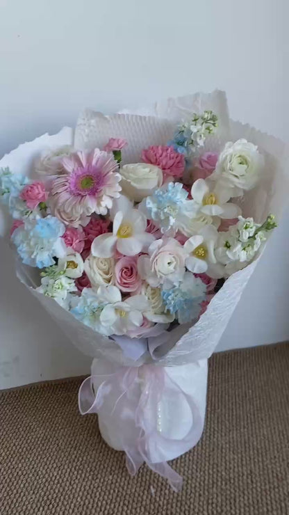 Pastel Dreams Bouquet - Fresh Pink Roses & Blue Carnations | Hand-Tied Flower Delivery